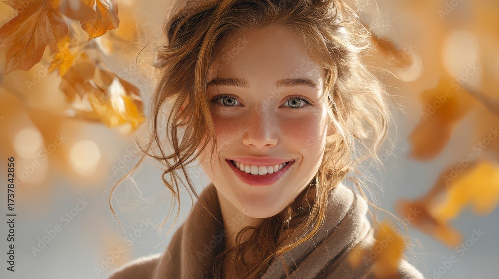 Fototapeta premium Autumnal Radiance: A woman with captivating smile basks in the warm glow of autumn, framed by falling leaves. Capturing a portrait of joy and beauty.