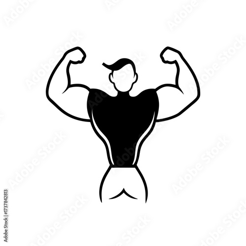 Man flexing his muscles in black and white on transparent background silhouette