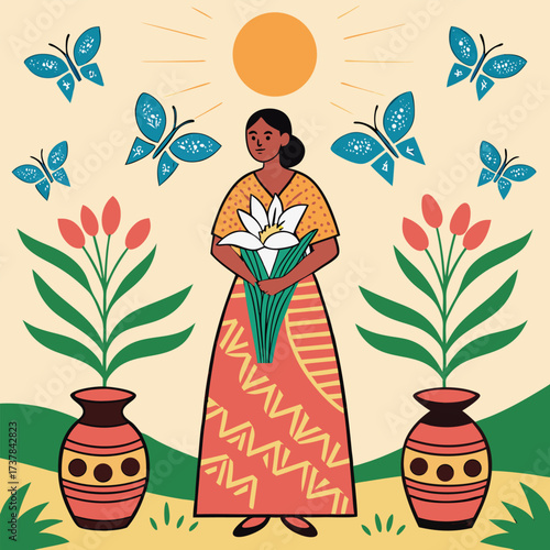 Smiling woman wearing traditional dress holds white lilies beneath warm sunlight and fluttering blue butterflies
