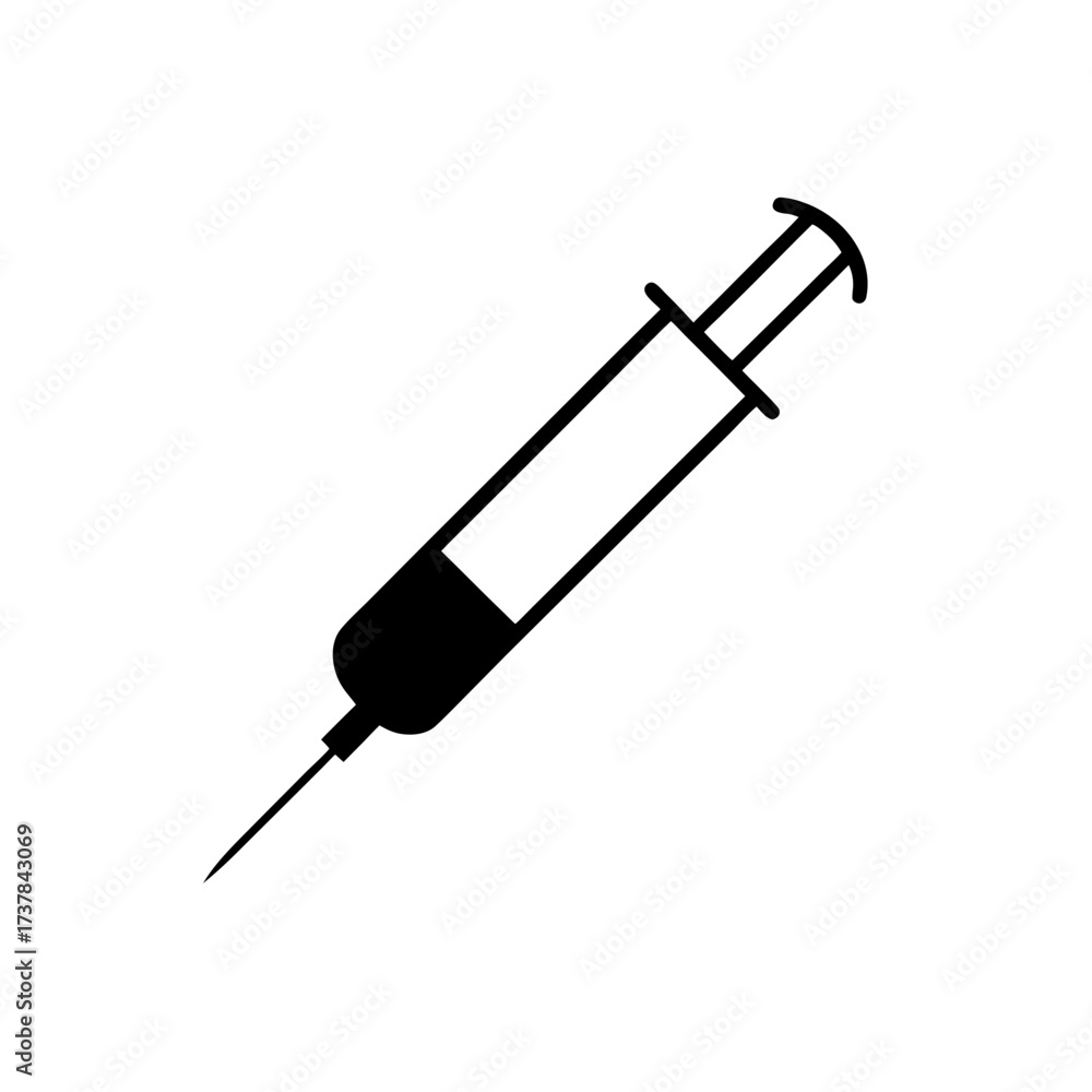 Fototapeta premium Black and white drawing of a syringe tool on transparent background silhouette