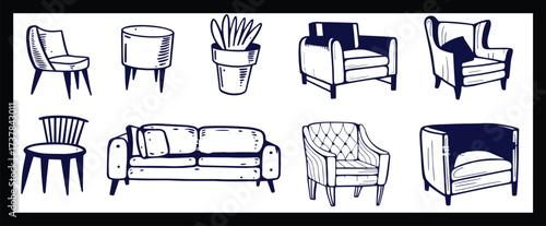 Doodle sketch of living room furniture, hand-drawn in different sizes and types, modern and vintage. Scandinavian furniture Interior elements Boho style. Vector illustration