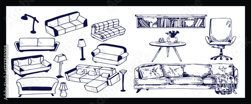 Doodle sketch of living room furniture, hand-drawn in different sizes and types, modern and vintage. Scandinavian furniture Interior elements Boho style. Vector illustration