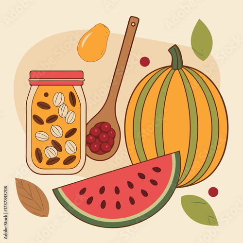 Still life composition features melon slice, squash, a wooden spoon, and preserved fruit