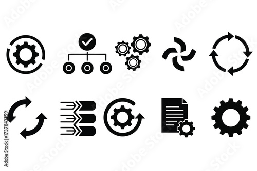 Vector art of collection of process icons, including gears, arrows, and flowcharts, representing workflow, automation, and system optimization for business and technology