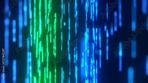Digital Cascade: Abstract Vertical Flow of Luminous Green and Blue Data Streams