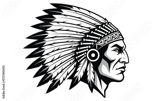Illustration of a native american indian chief with traditional headdress and stern expression