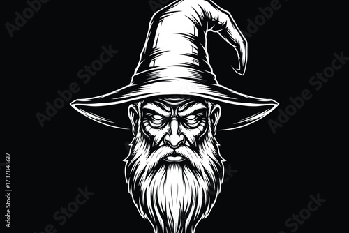 Vector art of mystical wizard with a pointed hat an enigmatic sorcerer with a long beard, embodying wisdom and magic, perfect for adding a touch of fantasy to any project