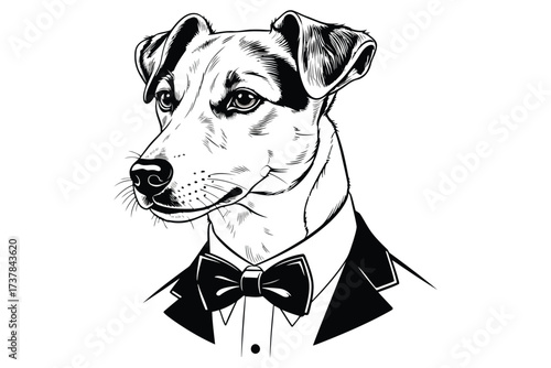 Vector art of jack russell terrier in a suit a sophisticated dog with a bow tie, embodying elegance and charm, perfect for adding a touch of class to any project