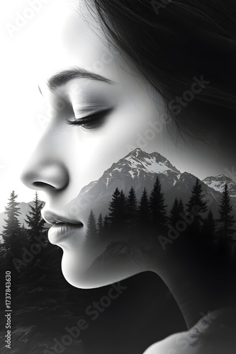 Double exposure portrait of a serene woman merged with a majestic mountain landscape representing nature's beauty and inner peace