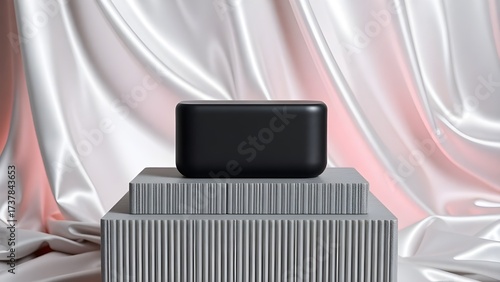 Modern black portable speaker displayed on striped pedestal with luxurious draped satin fabric in soft studio lighting creating an elegant aesthetic.