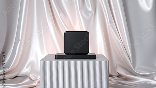 Modern black smart speaker displayed on a patterned pedestal against a backdrop of flowing satin fabric creating a luxurious and elegant presentation.