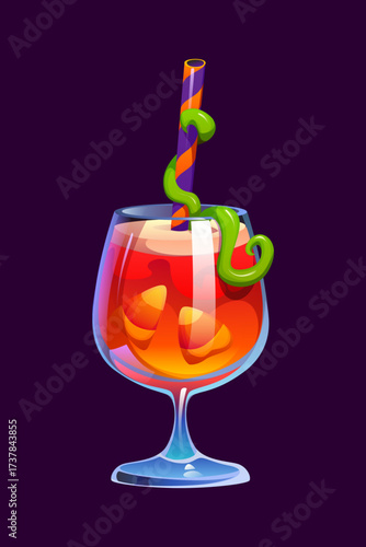 Halloween holiday cocktail or scary drink with candy corn, cartoon vector. Halloween horror night and trick or treat party magic potion cocktail glass with candy caramel and slime on drinking straw
