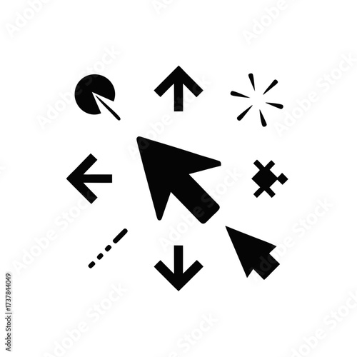 Collection of different cursor icons set on transparent background