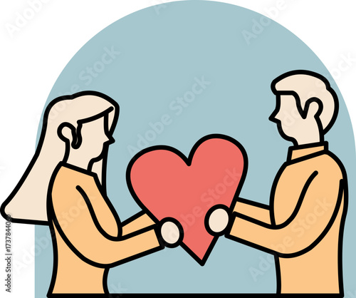 Romantic illustration of a couple exchanging a heart as a symbol of love