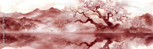Tranquil Japanese cherry blossom landscape reflection serene water scene with mountains and delicate petals