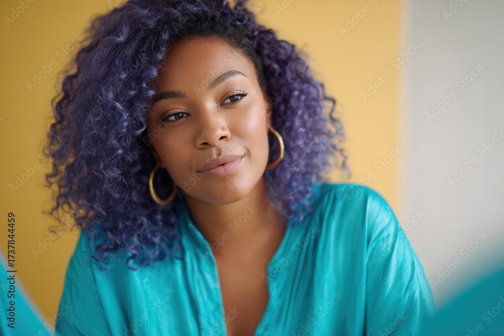 Fototapeta premium A young woman with curly purple hair wearing a teal blouse, looking thoughtfully in a bright, colorful environment. Ideal for beauty and fashion themes.