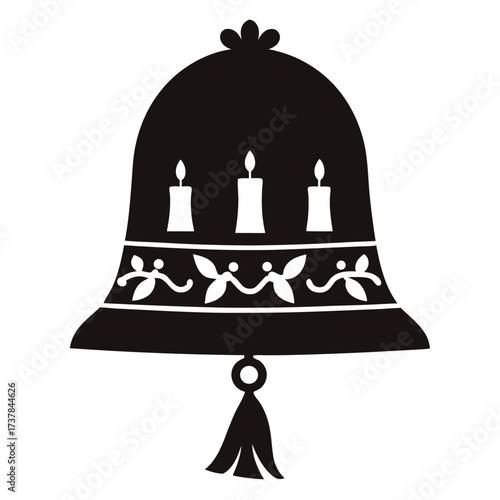 Dark bell features white candles and floral decoration with tassel against transparent background
