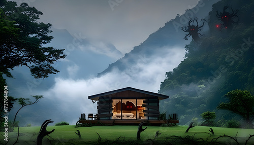 Cozy log cabin nestled in misty mountains during a serene twilight with warm interior light glowing invitingly.