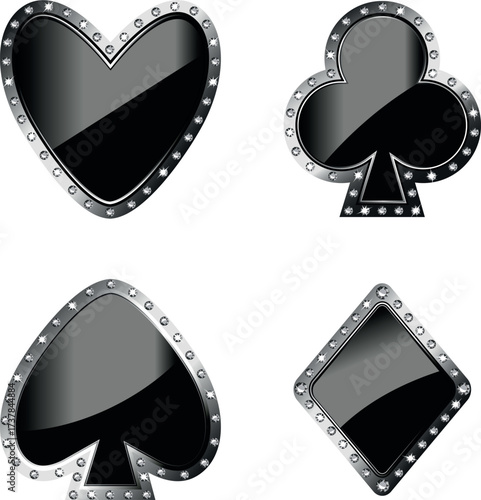 Black glossy playing card suits with metallic border, vector illustration, isolated on white. Poker