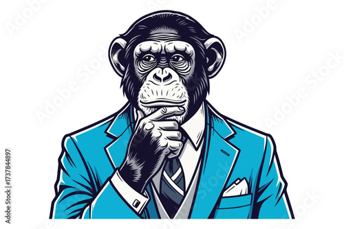 Vector art of a thoughtful chimpanzee in a blue suit, , contemplating a complex problem with a hand on its chin, exuding intelligence and sophistication