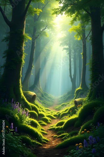 Enchanted forest path bathed in golden sunlight mystical woodland trail serene nature scene ethereal glow and lush greenery