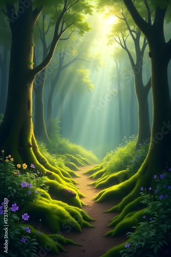 Enchanted forest path illuminated by golden sunlight mystical woodland trail with lush green moss and verdant trees