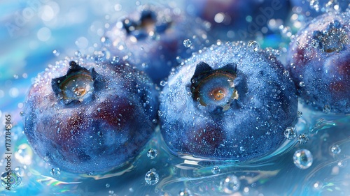 Ripe blueberries splashing into transparent water, highlighting natural freshness and nutritional benefits