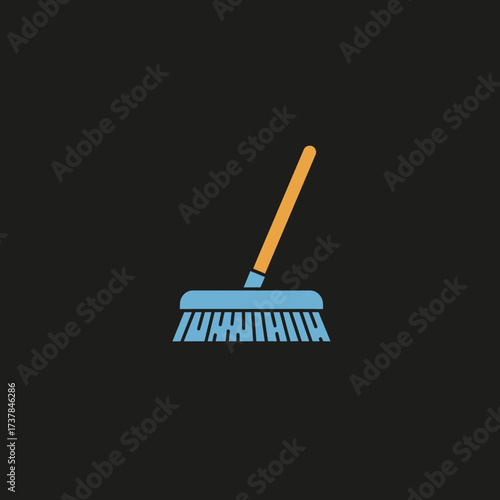 Blue broom with wooden handle ready for cleaning the floor.