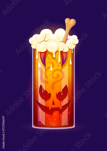 Halloween scary cocktail, spooky drink in a tall glass with foamy top, dripping cream and bone stirrer. Cartoon vector orange liquid glows with a sinister jack lantern face, beverage for haunted party
