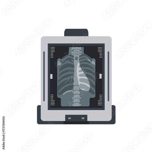 Chest X ray image showing human skeleton and internal organs for medical diagnosis.
