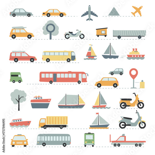 Collection of various transport vehicles and modes of transportation.