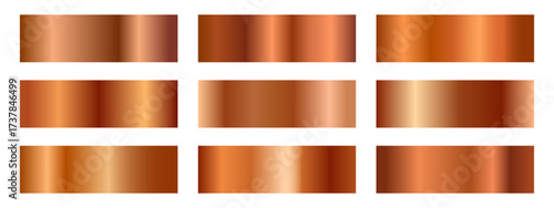 Collection of realistic bronze and copper metallic gradients. Set of variety of shiny, polished, and reflective metal textures in rectangular swatches, perfect for backgrounds
