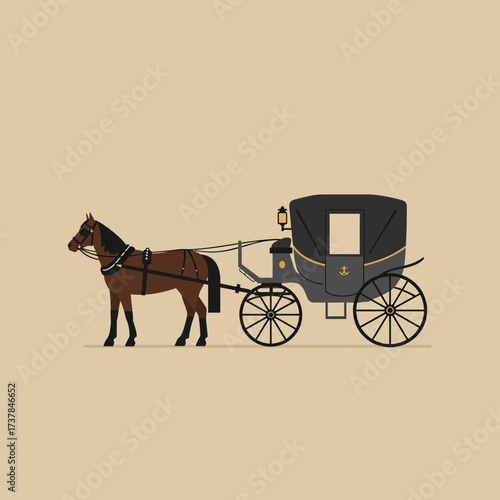 Elegant Victorian era carriage pulled by a single brown horse.