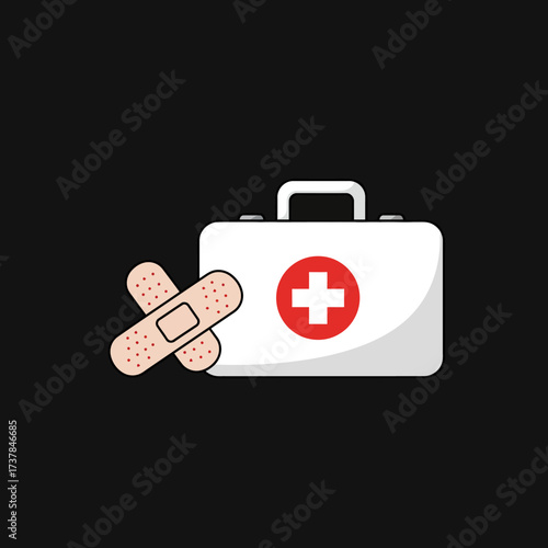 First aid kit with red cross and adhesive bandages.
