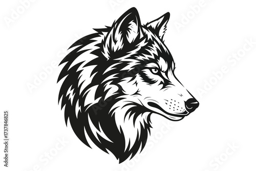 Vector art of majestic wolf head illustration, showcasing a fierce expression and detailed fur texture, rendered in a bold black and white graphic style
