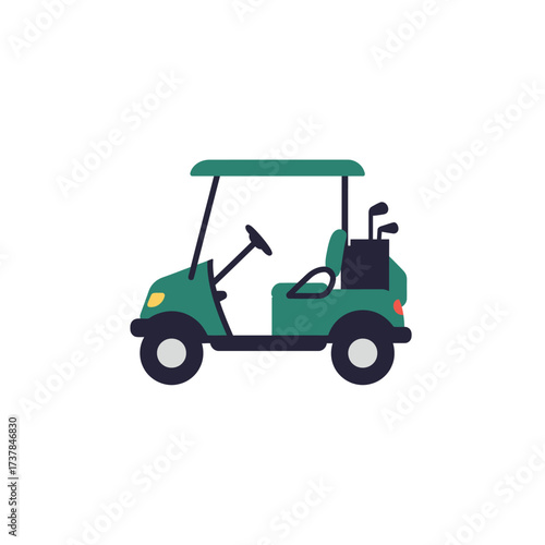Green golf cart with clubs isolated on a white background.