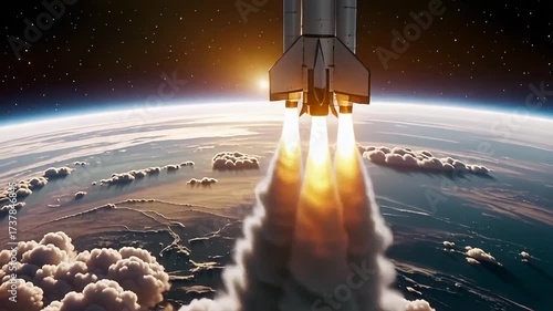 Powerful rocket blasts off into the atmosphere, leaving a trail of fire and smoke against a dramatic sky
