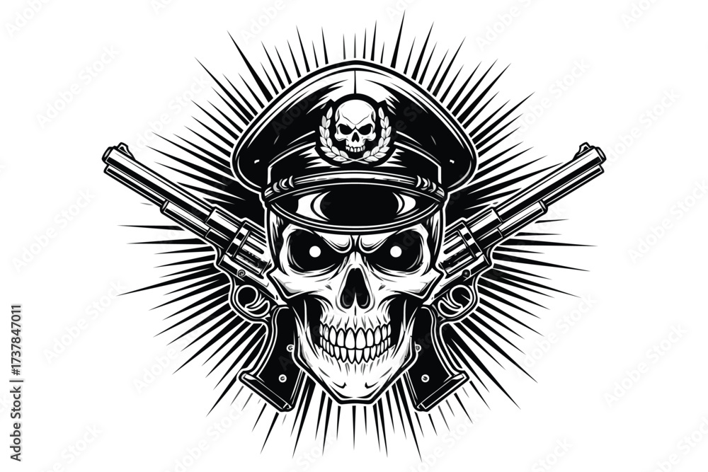 Fototapeta premium Vector art of a skull with guns, a monochrome illustration of a skeleton wearing a military hat, a symbol of danger and rebellion in a vintage style
