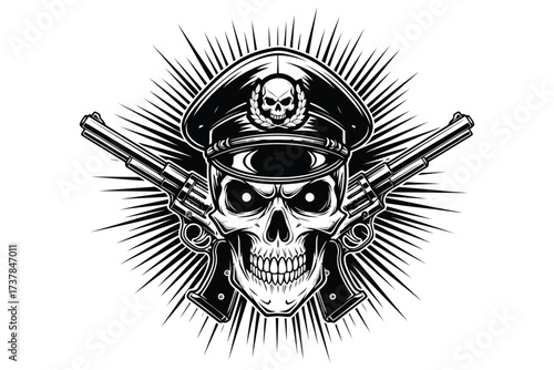 Vector art of a skull with guns, a monochrome illustration of a skeleton wearing a military hat, a symbol of danger and rebellion in a vintage style