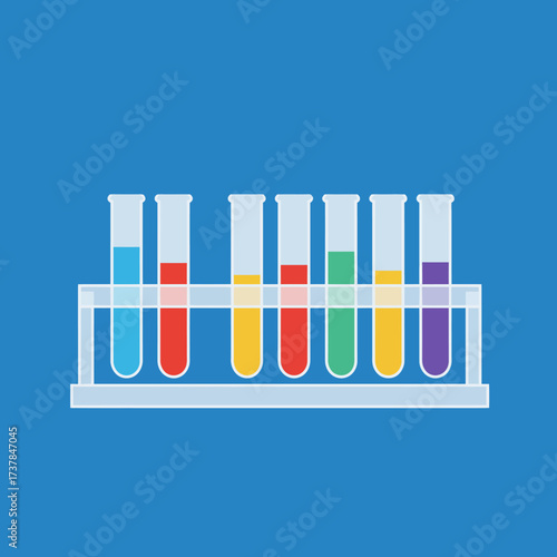 Laboratory test tubes with colorful liquids in a rack.