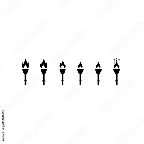 Six torches with flames in black and white on transparent background