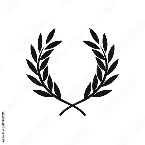 Black laurel wreath with crossed stems art on transparent background