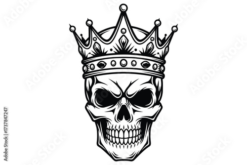 Vector art of a skull with crown, a monochrome illustration of a skeleton wearing a royal crown, a symbol of power and mortality in a gothic style