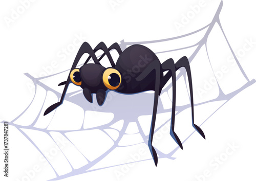 Cartoon Halloween scary spider character in spiderweb for horror night holiday, isolated vector. Funny cartoon spider in cobweb for Halloween trick or treat party or spooky scary tarantula character