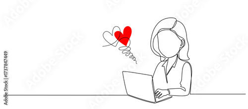 Woman with laptop computer in one continuous line drawing. Female user with dating app and heart.Searching love concept eps 10.
