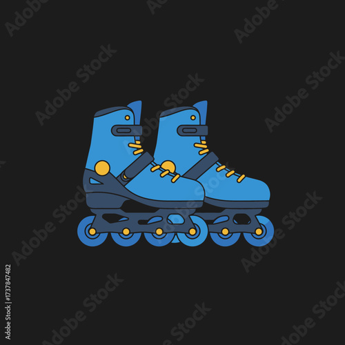 Pair of Blue Inline Skates with Yellow Laces and Wheels.