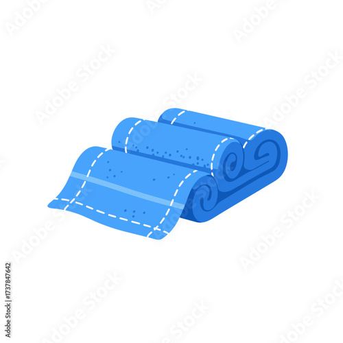 Set of rolled blue towels with white stitching vector illustration.