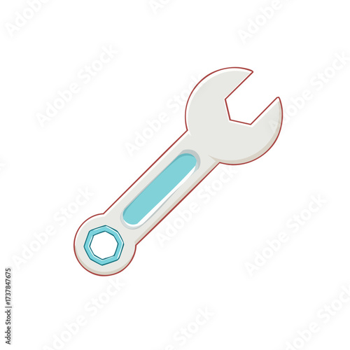 Illustration of a white and blue wrench with a brown outline on a white background.