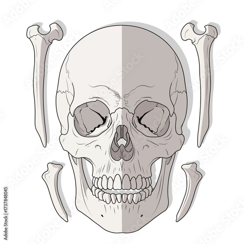 Detailed Flat Vector Illustration of a Human Skull with Cranial Bones