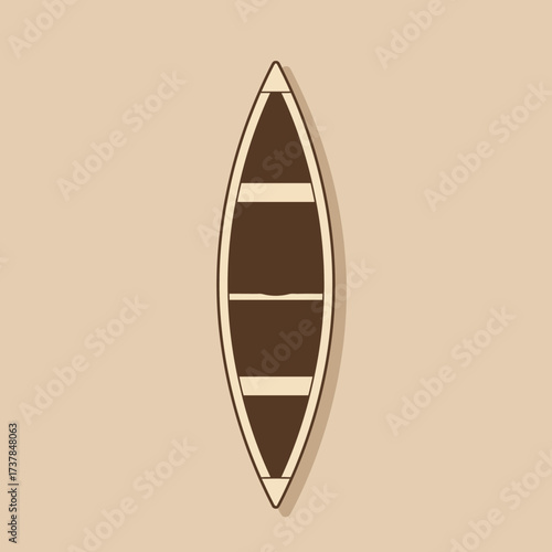 Top view of a brown canoe with white trim and seats.